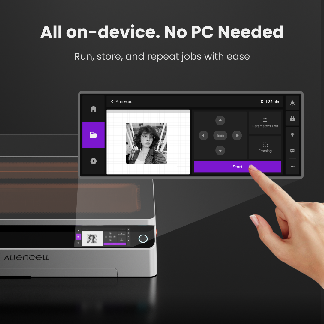 Touchscreen device with a hand interacting, displaying 'All on-device. No PC Needed' text.