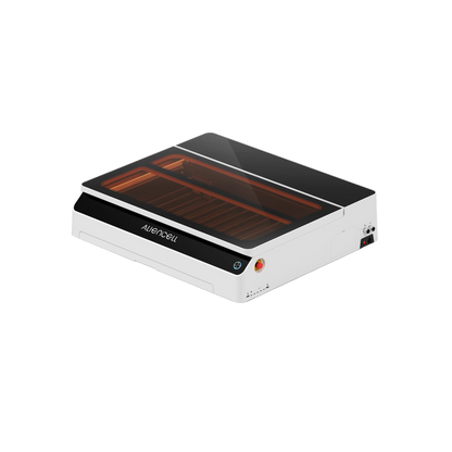 A white and black AUBER-SRU desktop UV light sterilizer with a transparent lid showing an orange-amber interior, photographed on a clean white background.