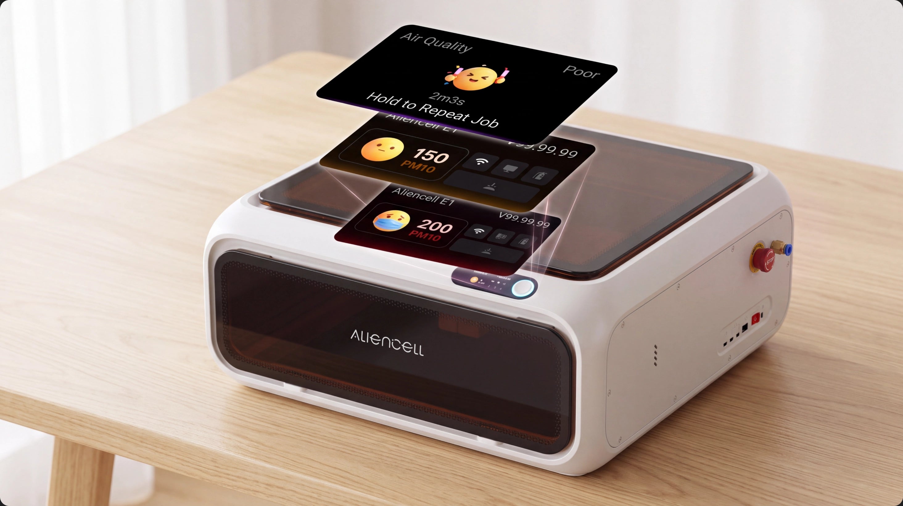 Aliencell E1 mood screen displaying engraving and air-quality information