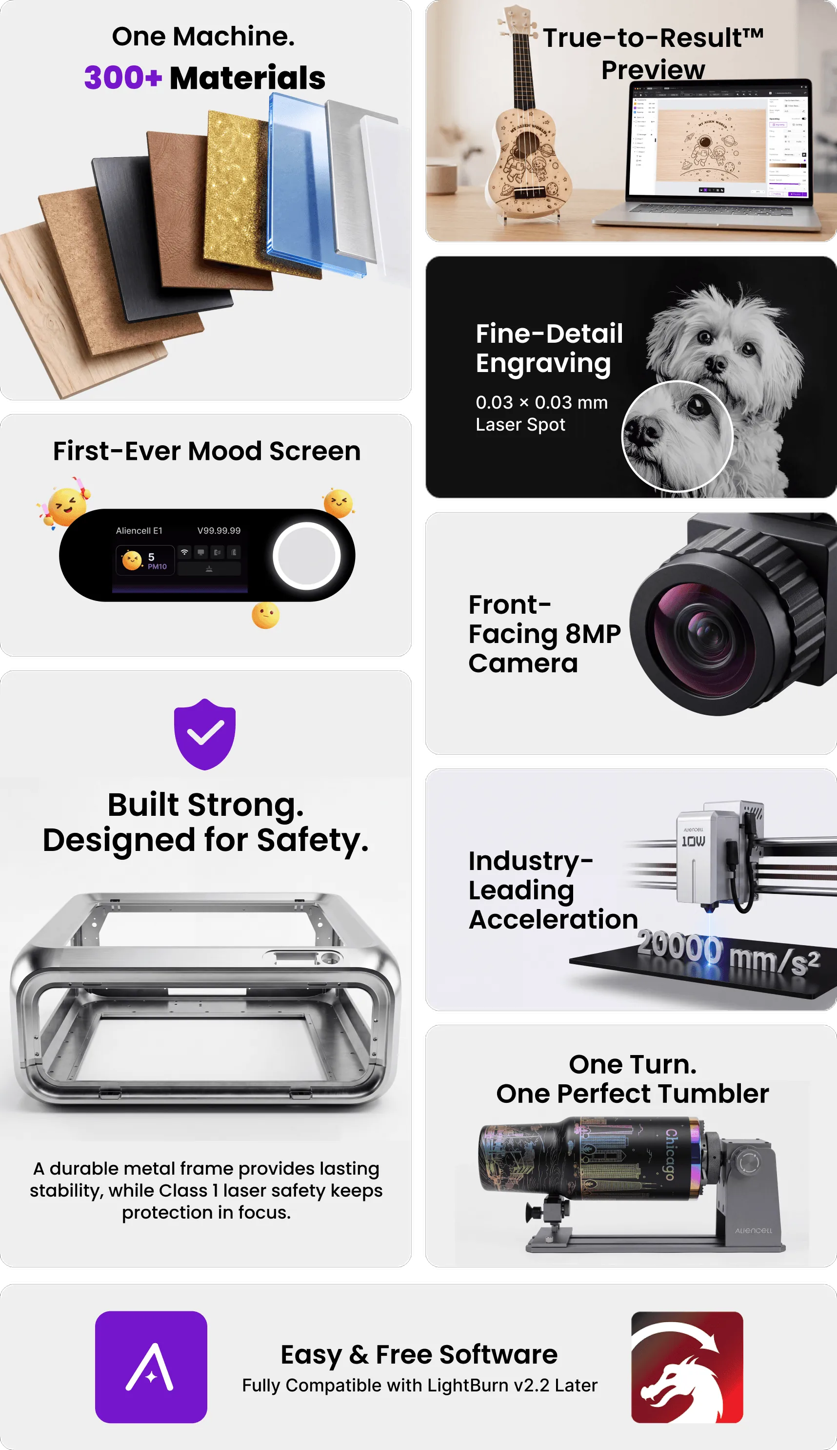 Aliencell E1 highlights: 300+ materials, mood screen, Built Strong. Designed for Safety., Easy & Free Software with LightBurn compatibility, True-to-Result™ Preview, fine-detail engraving, front-facing 8MP camera, industry-leading acceleration and rotary tumbler engraving.