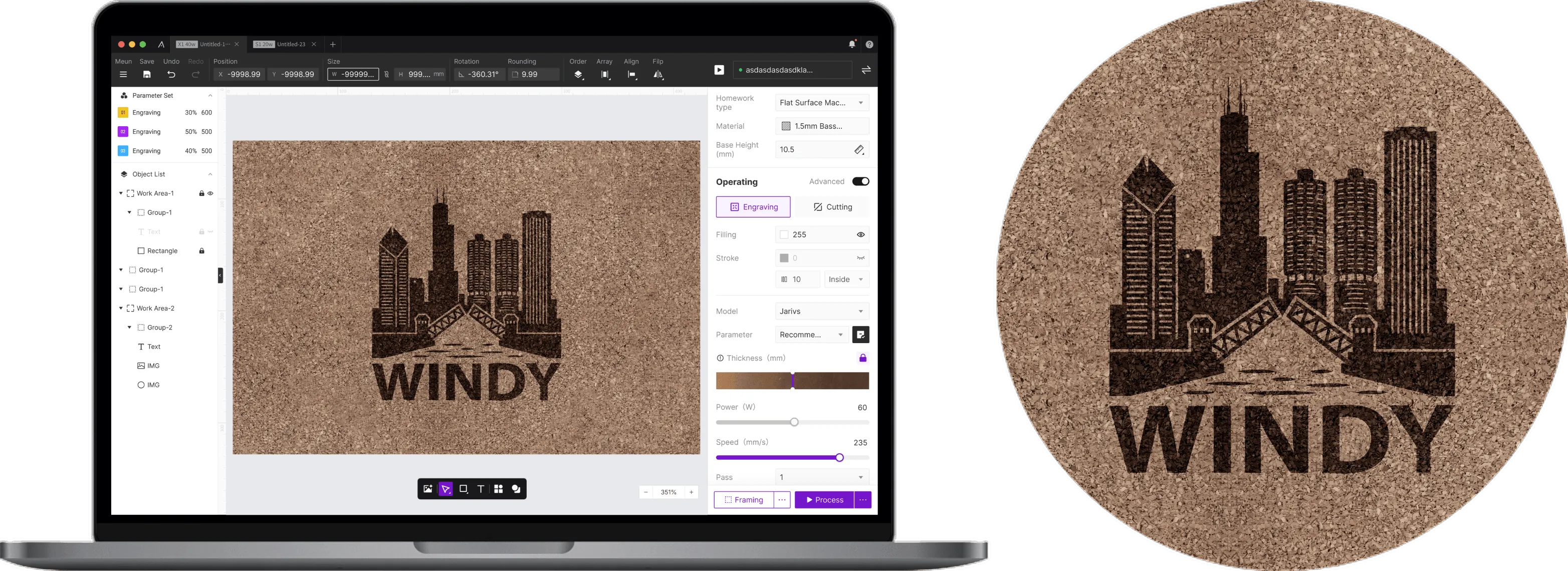 Cork design preview and finished engraving result