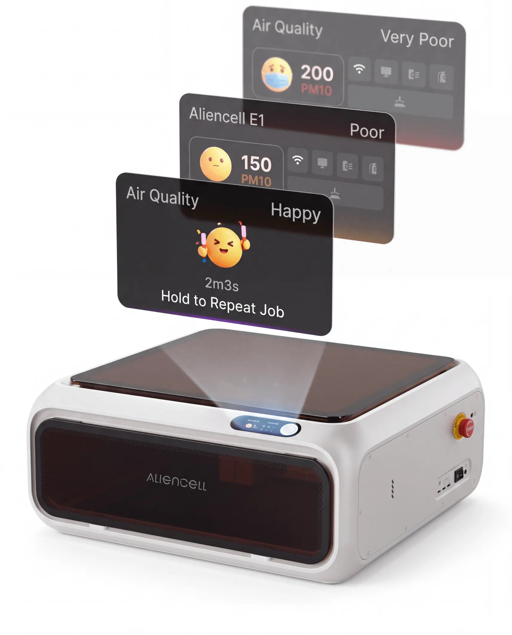 Aliencell E1 with its status display showing air quality and project progress