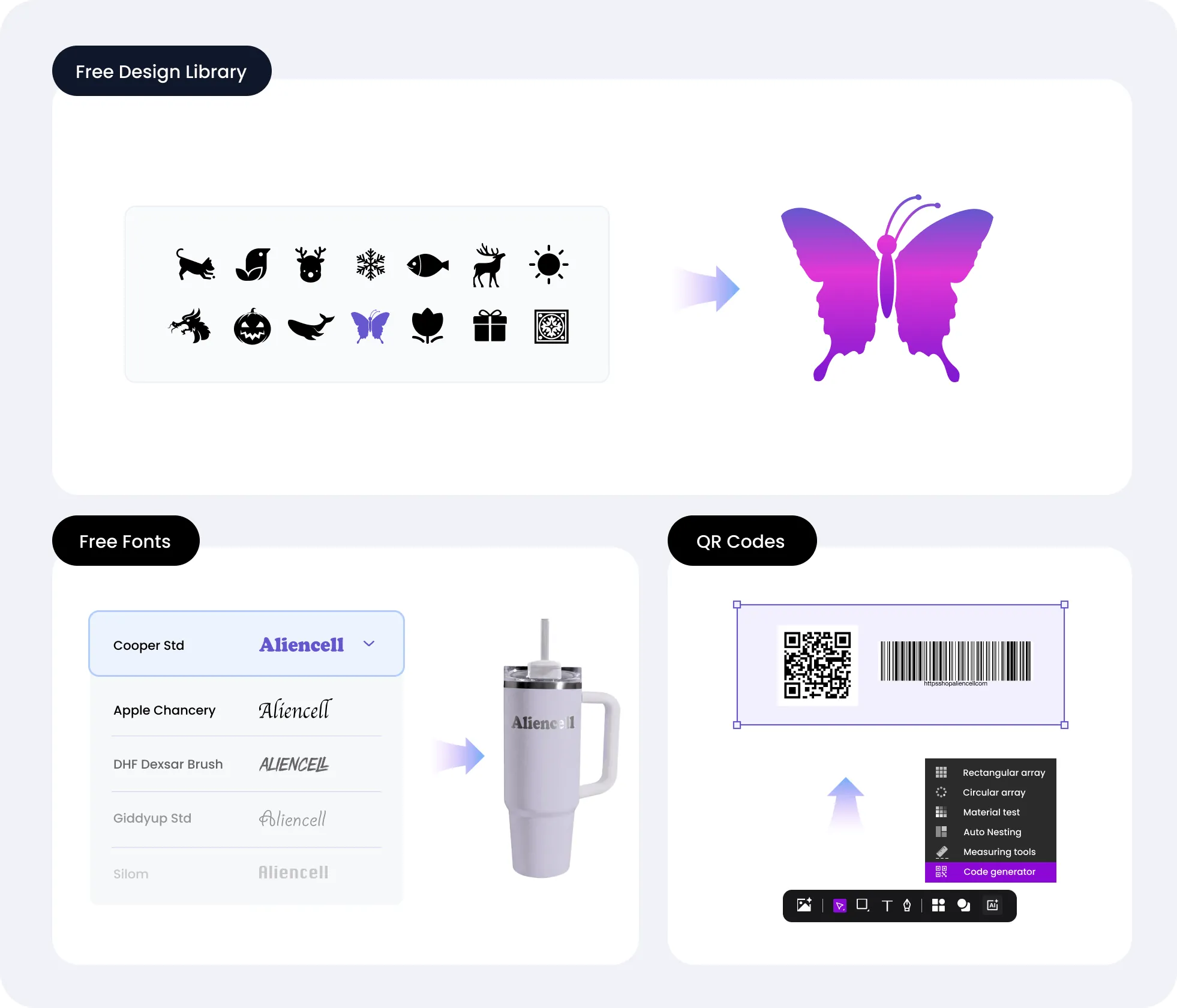 Free Design Library, Fonts, and QR Codes software preview