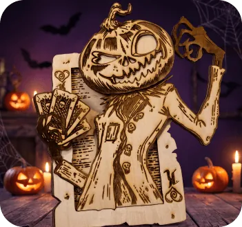 Engraved wooden pumpkin gambler
